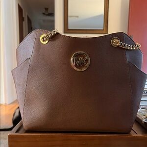 Michael Kors Chocolate Brown Shoulder Bag with Gold Accents